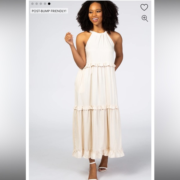 Ivory Pleated Ruffle Tier Halter Maternity Midi Dress - Picture 4 of 6